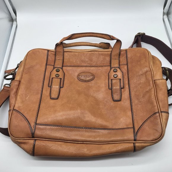 FOSSIL Brown Leather Laptop Bag Satchel Plaid lining Messenger Shoulder Strap - Picture 1 of 16